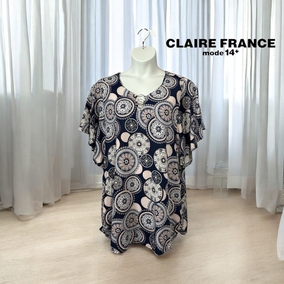Claire France, Navy, Pink & White Plus Size Patterned Blouse, 1X - Picture 1 of 9